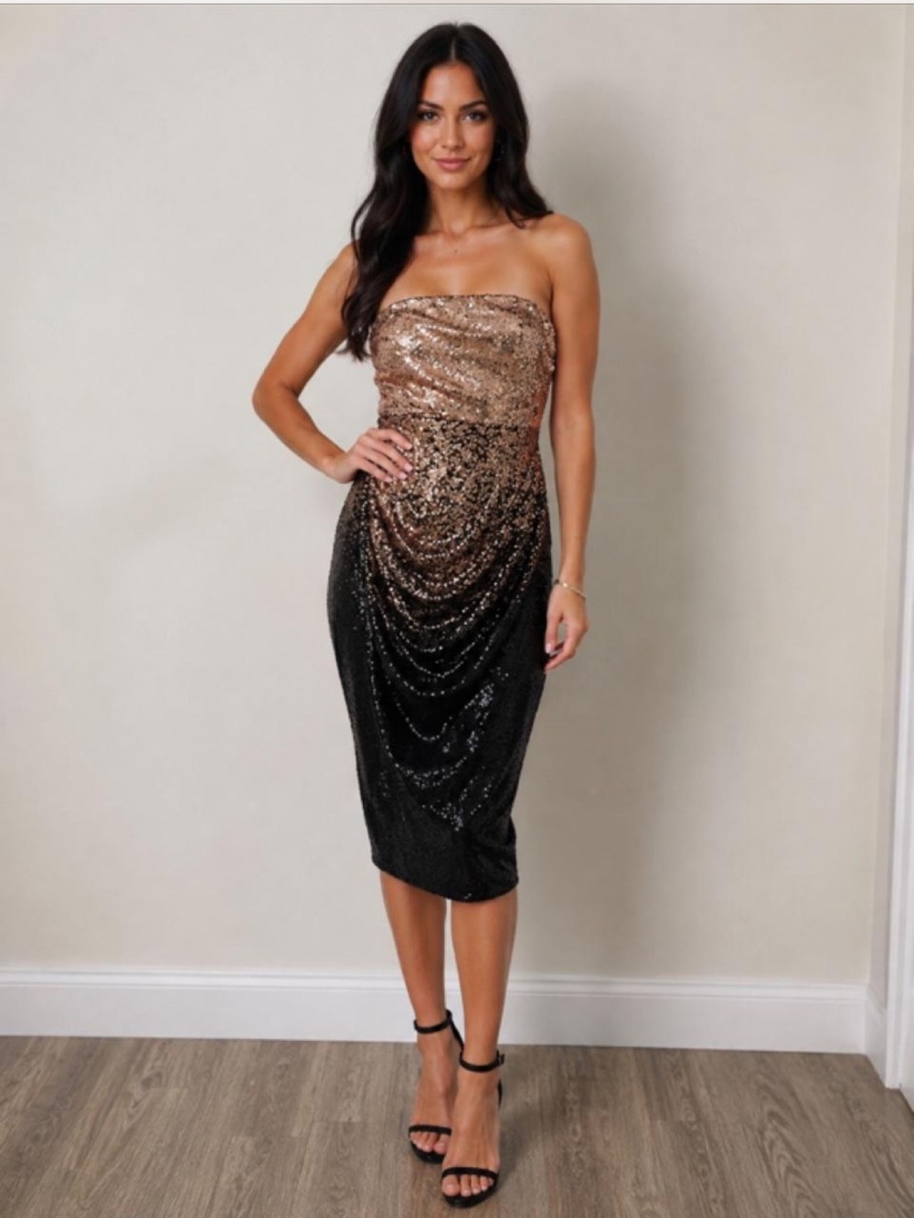 Fashion Nova Strapless Ombré Sequin Bodycon Cocktail Dress Black & Rose Gold